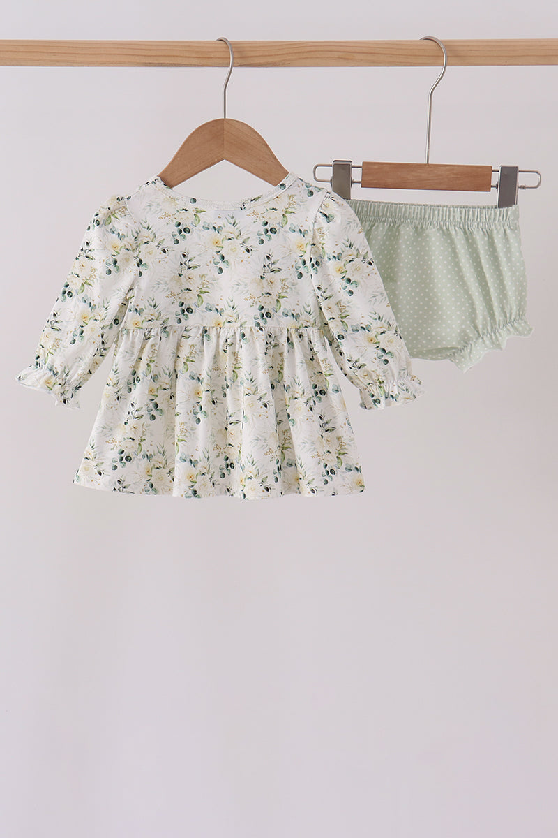 Sage floral smocked ruffle bloomer set