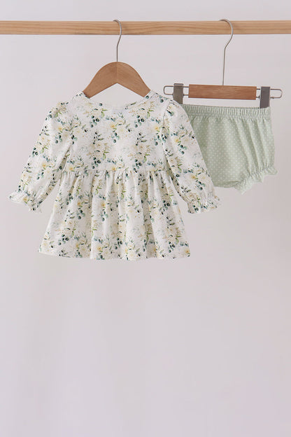 Sage floral smocked ruffle bloomer set