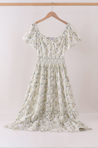 Sage floral smocked tiered mom dress