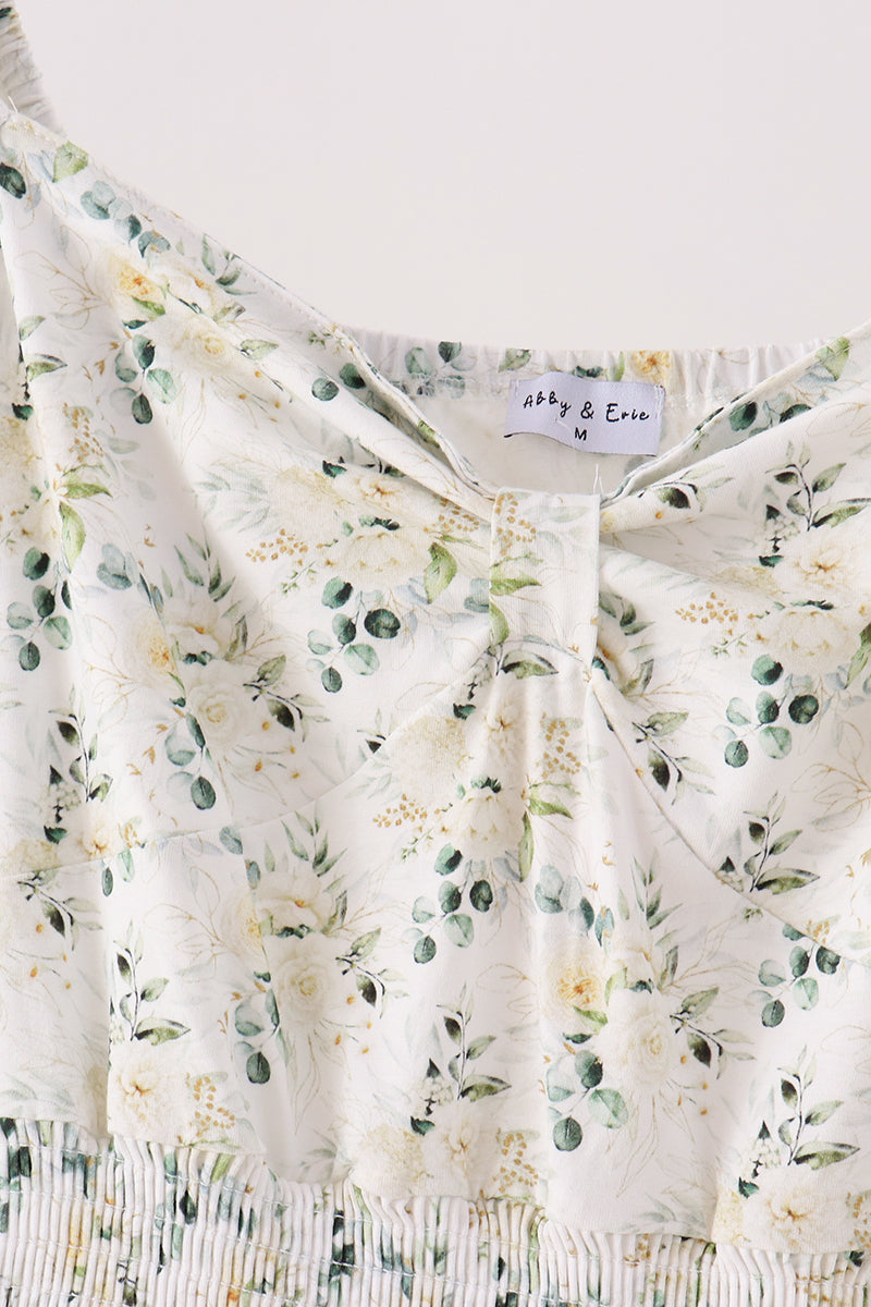 Sage floral smocked tiered mom dress
