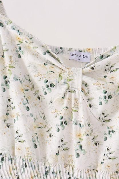 Sage floral smocked tiered mom dress