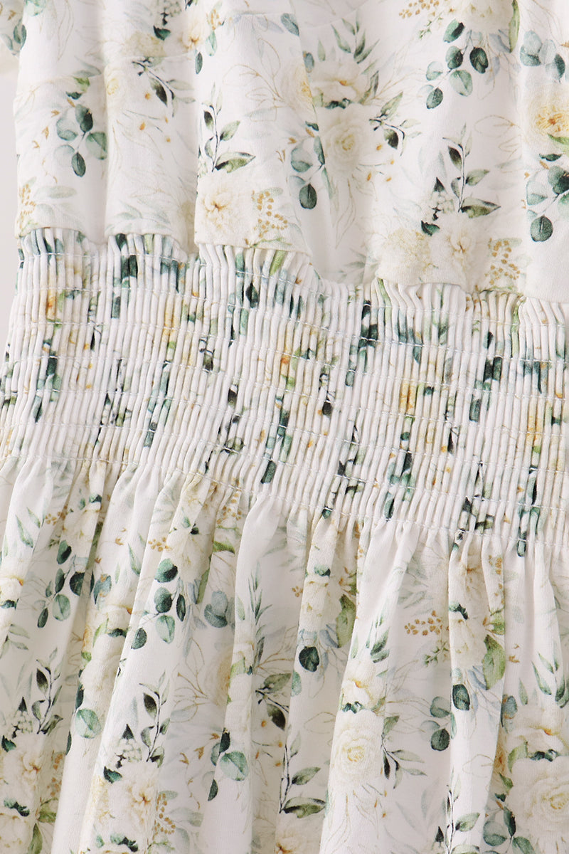 Sage floral smocked tiered mom dress