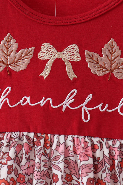 Maroon thankful leaves floral embroidey dress