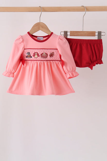 Pink turkey smocked bow bloomer set