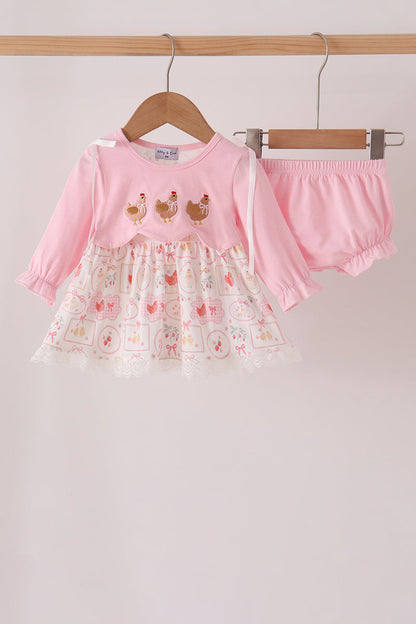 Pink chicken embroidery bloomer set