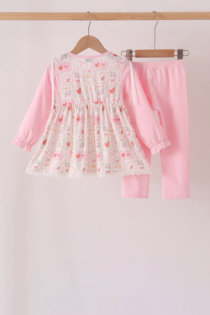Pink chicken embroidery pants set