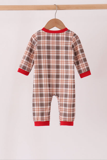 Brown Cow Embroidery Plaid Romper
