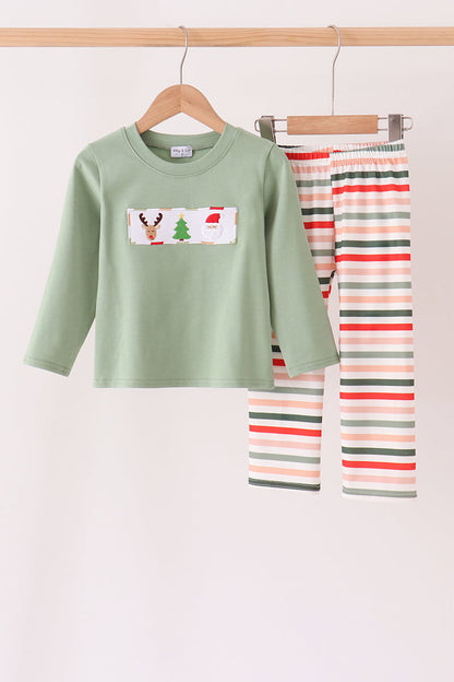 Green Reindeer Tree Embroidery Stripe Pants Set