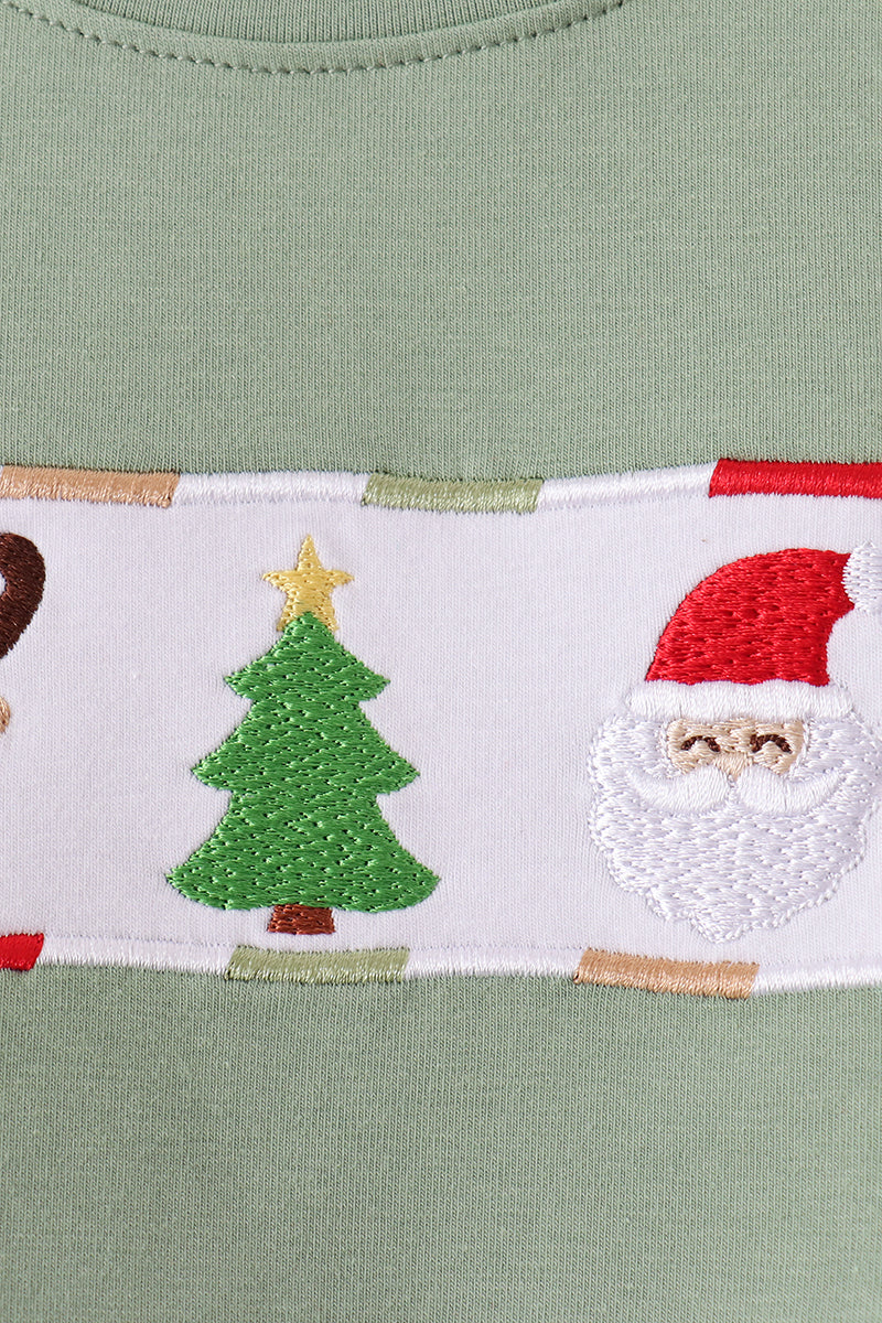 Green Reindeer Tree Embroidery Stripe Pants Set