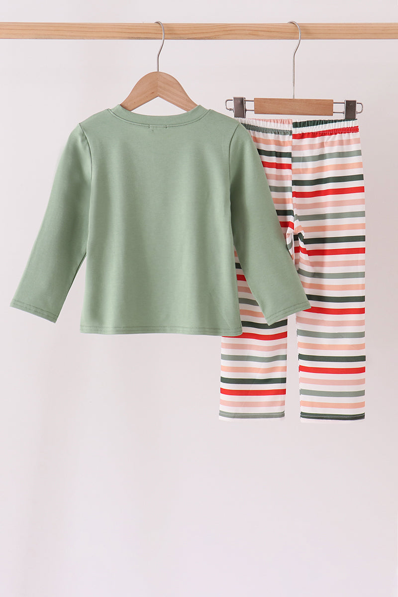 Green Reindeer Tree Embroidery Stripe Pants Set