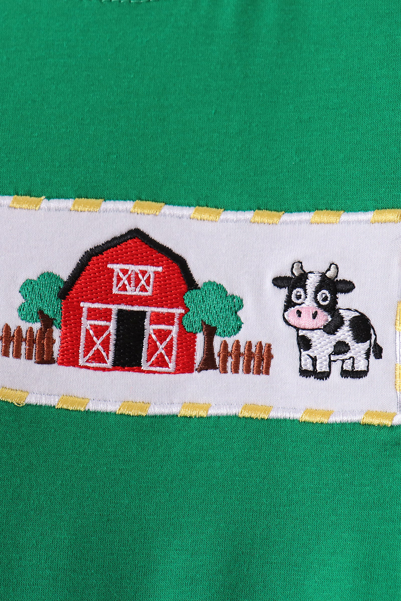 Green Farm Cow Embroidery Romper