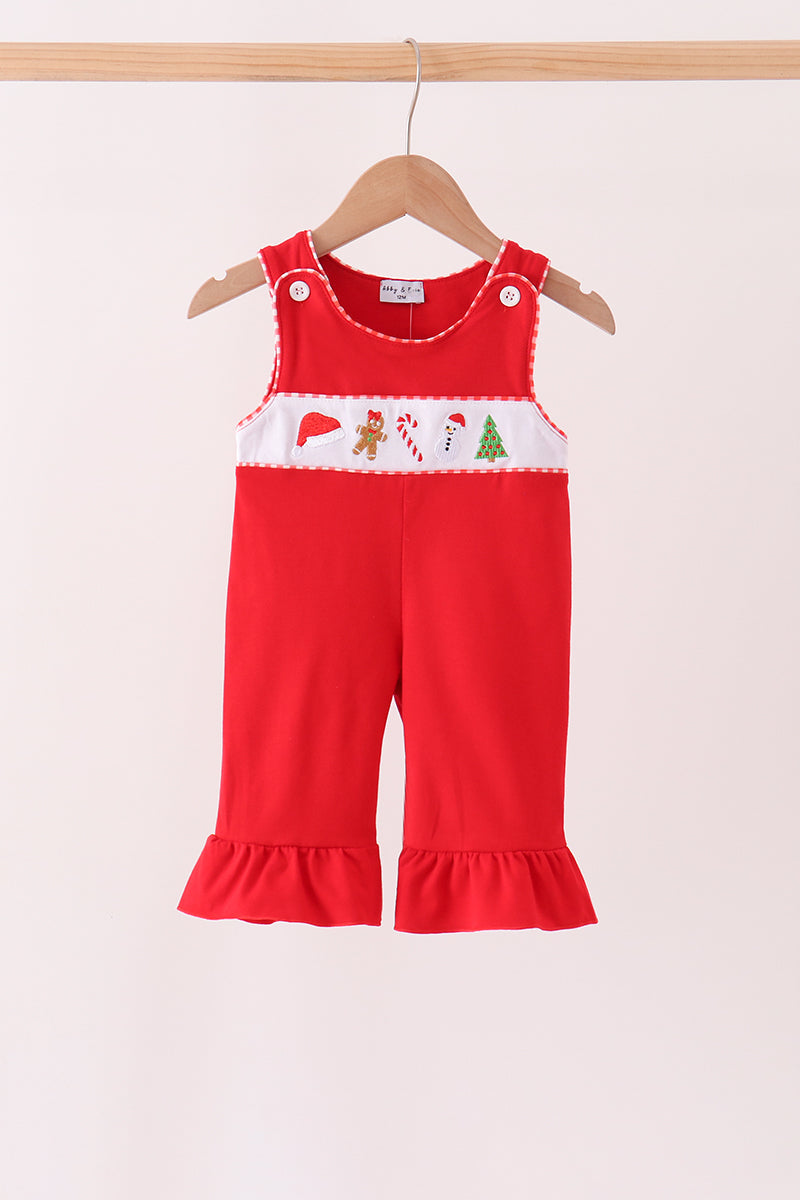 Red Holly Jolly Embroidery Ruffle Jumpsuit