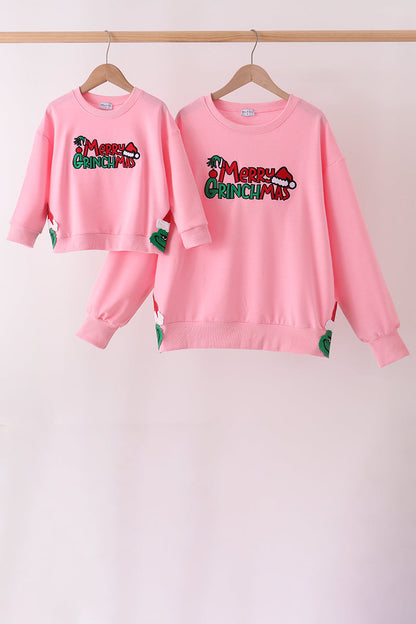 Pink Merry Grinch Embroidery Mom&me Sweatshirt