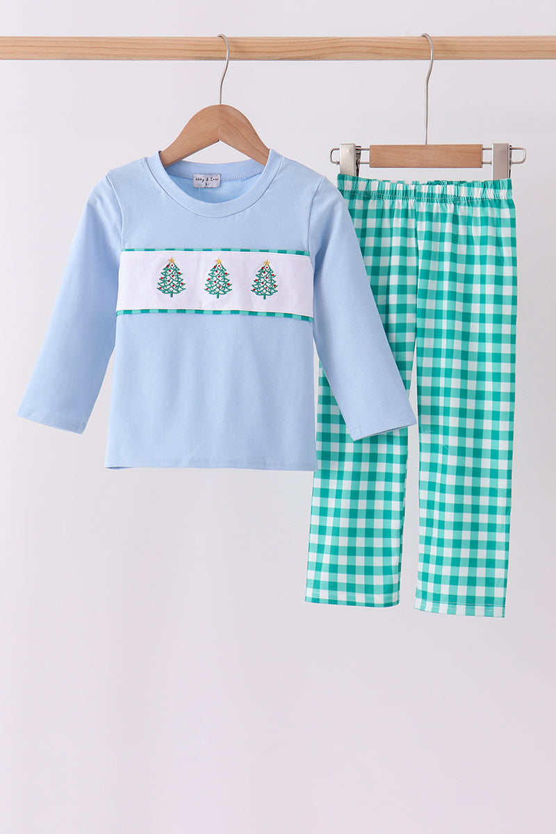 Green Christmas Tree Embroidery Gingham Pants Set
