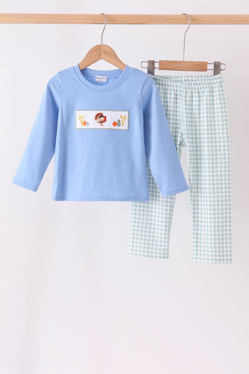 Sage Turkey Embroidery Gingham Pants Set