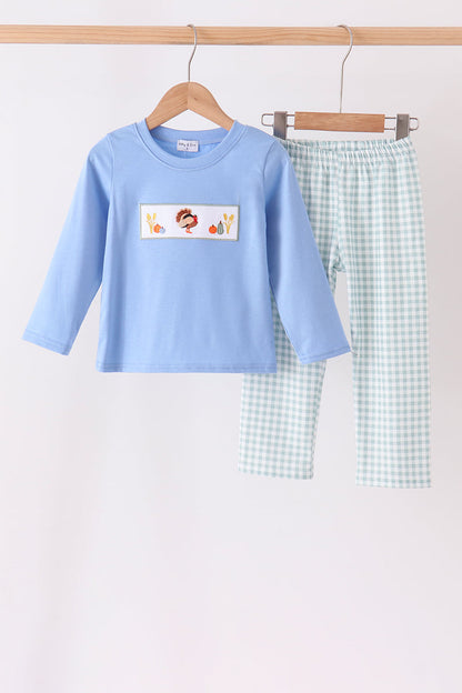Sage Turkey Embroidery Gingham Pants Set