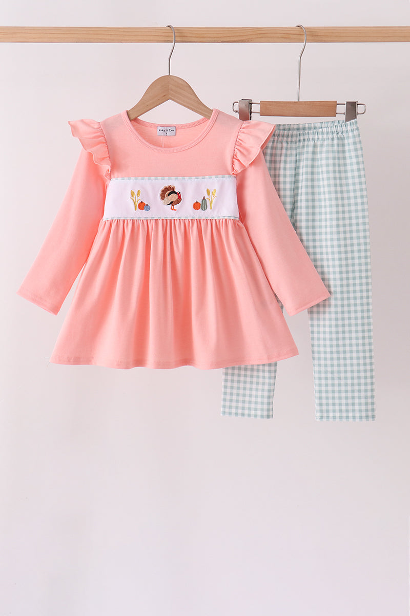 Sage Turkey Embroidery Ruffle Pants Set