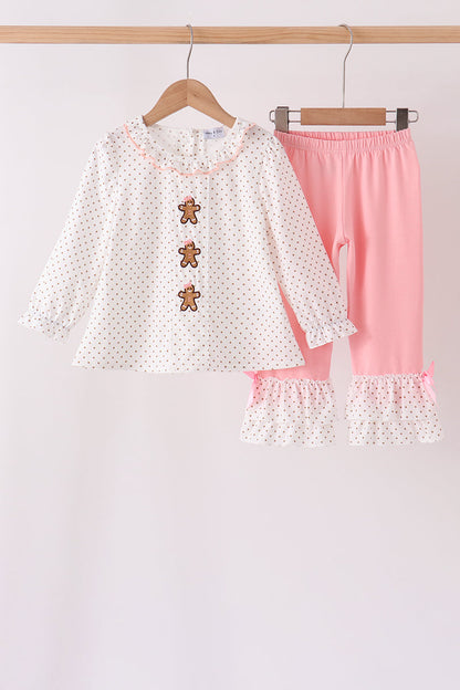 Pink Gingerbread Embroidery Ruffle Pants Set
