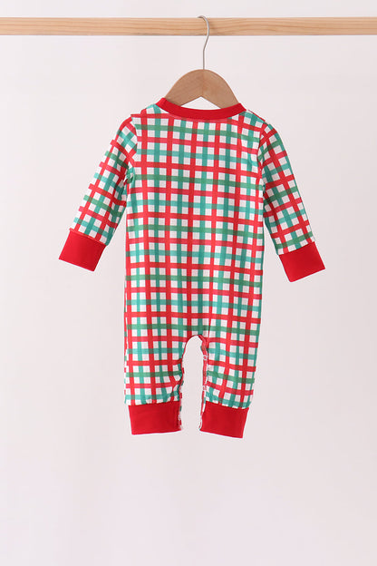 Red Character Embroidery Gingham Romper