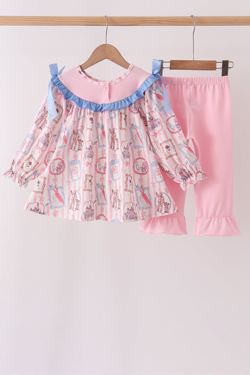 Pink Character Bow Embroidery Ruffle Pants Set