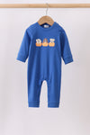 Royal blue puppy pumpkin embroidery romper