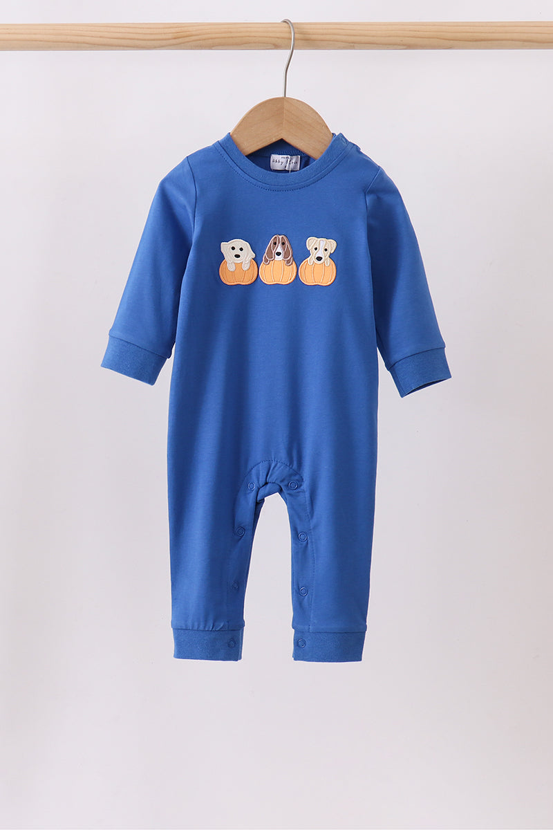 Royal blue puppy pumpkin embroidery romper