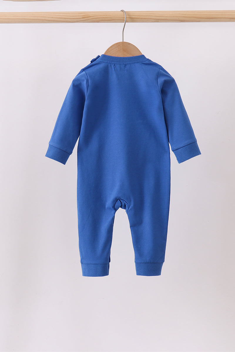 Royal blue puppy pumpkin embroidery romper