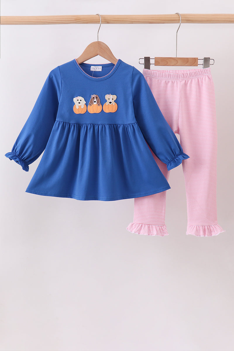 Royal blue puppy pumpkin embroidery pants set