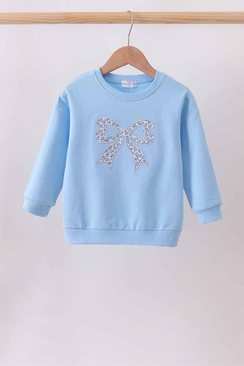 Blue Floral Bow Embroidery Top
