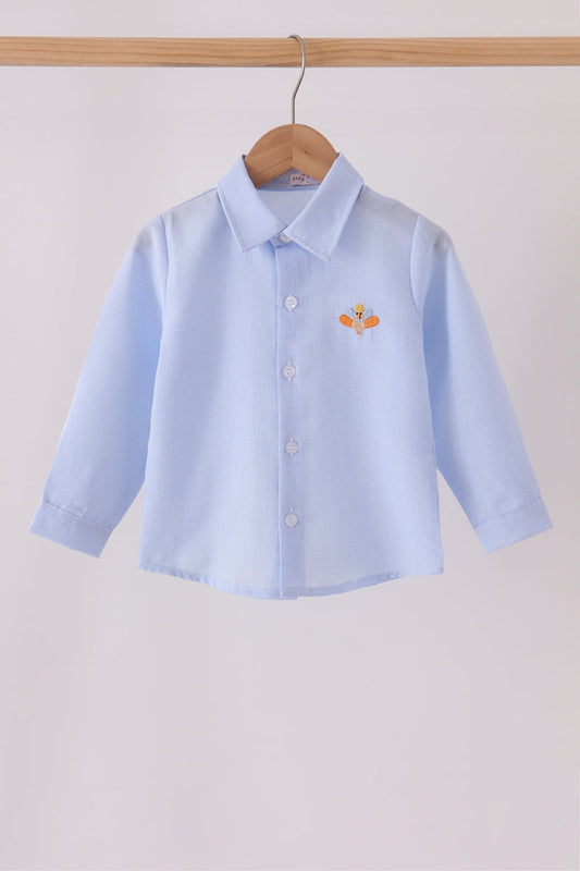 Blue turkey embroidery button down shirt