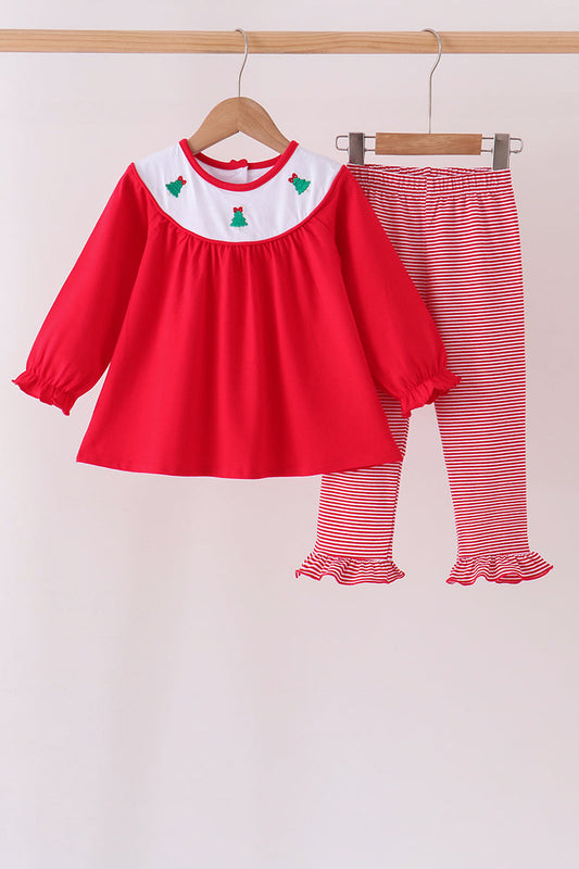 Red christmas tree embroidery ruffle pants set