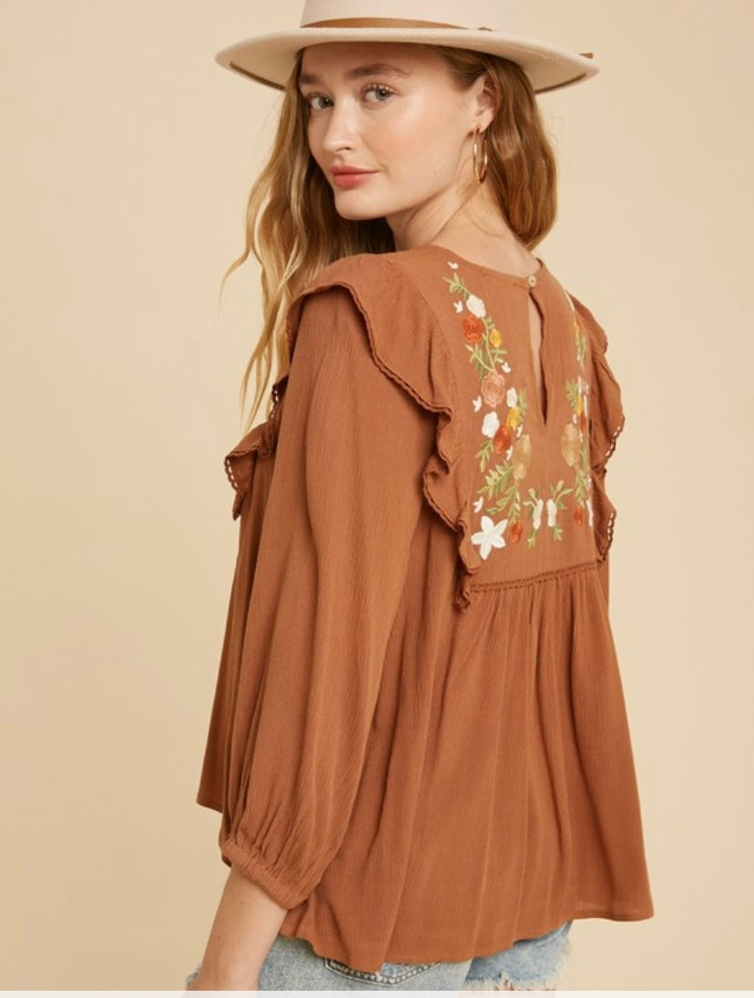 Embroidered Ruffle Shoulder Blouse