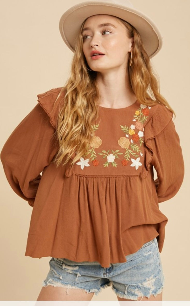 Embroidered Ruffle Shoulder Blouse