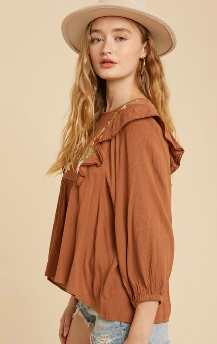 Embroidered Ruffle Shoulder Blouse
